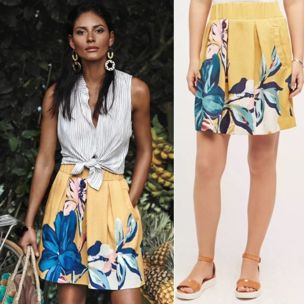 Anthropologie Maeve Golden Textured Tropicana Floral Mini Skirt XS Cinched Zip